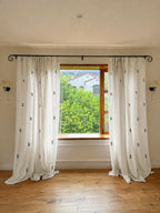 Black Floral Embroidered Curtains, Off-White Botanical Window Drapes, French Country Farmhouse Panels