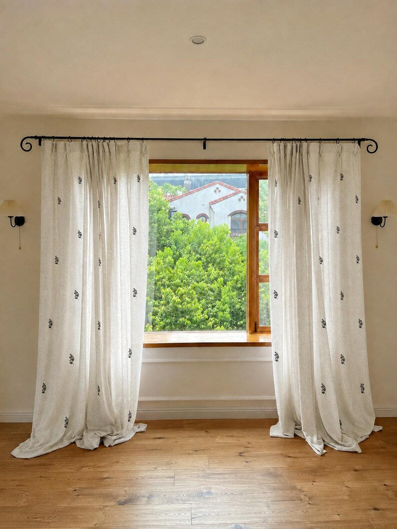 Black Floral Embroidered Curtains, Off-White Botanical Window Drapes, French Country Farmhouse Panels