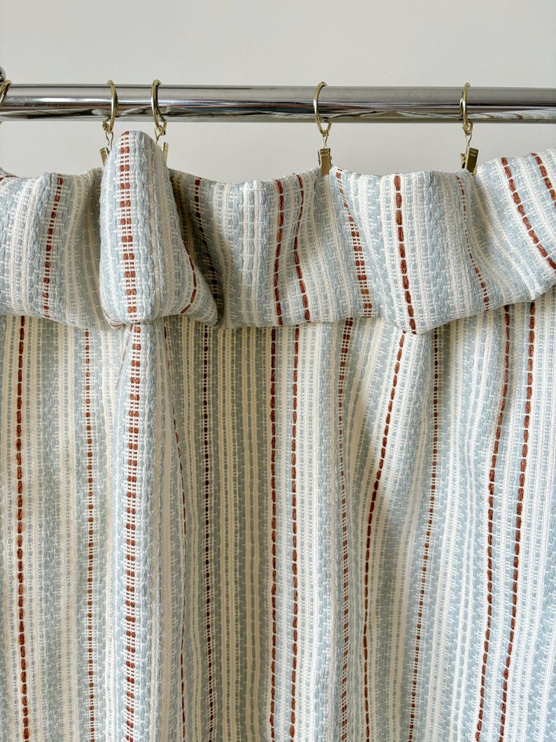 Blue Rust Cream Striped Woven Curtain Panels, Textured Boho Japandi Farmhouse Drapes, 60% Light Blocking, Sold Individually