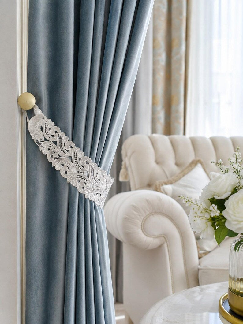 Embroidered Lace Curtain Tiebacks Set of 2, White Vintage Drapery Holdback Straps, 75 cm, Living Room Bedroom Decor