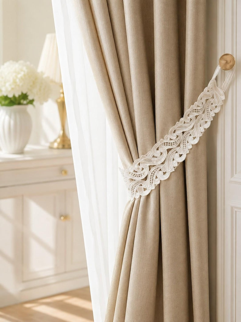 Embroidered Lace Curtain Tiebacks Set of 2, White Vintage Drapery Holdback Straps, 75 cm, Living Room Bedroom Decor
