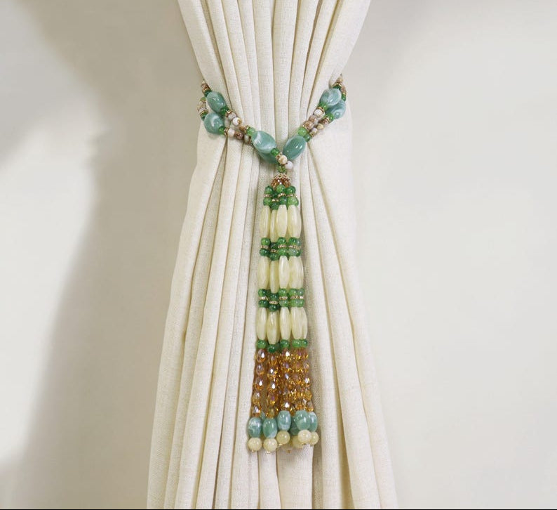 Handmade Beaded Curtain Tieback, Jade-Toned Oriental Tassel Window Decor, 25.59 Inches, 218.5g