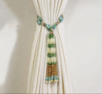 Handmade Beaded Curtain Tieback, Jade-Toned Oriental Tassel Window Decor, 25.59 Inches, 218.5g