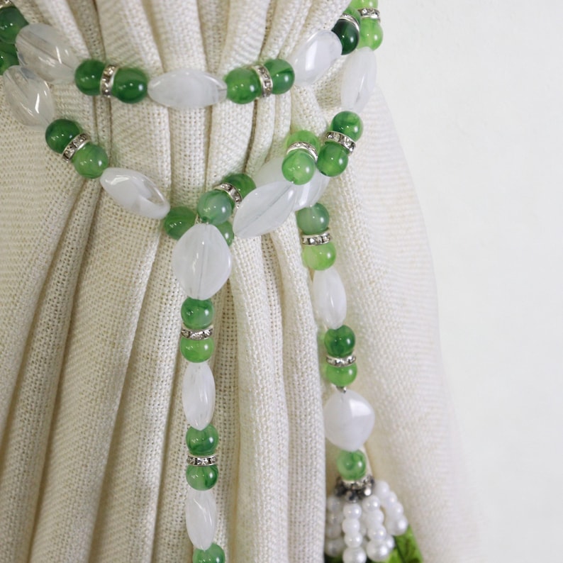Handmade Beaded Curtain Tieback, White-Green Tassel Holdback, 42.5 In, Self-Tie Window Decor