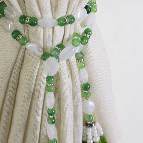 Handmade Beaded Curtain Tieback, White-Green Tassel Holdback, 42.5 In, Self-Tie Window Decor