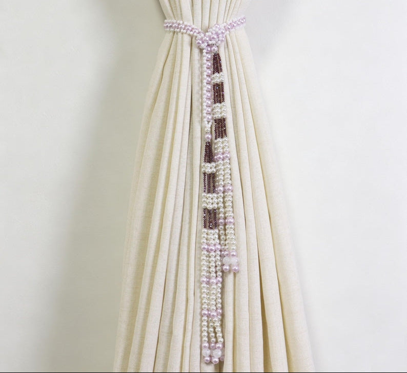 Beaded Curtain Tieback, Lavender White Faux Pearl Tassel Holdback, 48.8 in, Set of 1