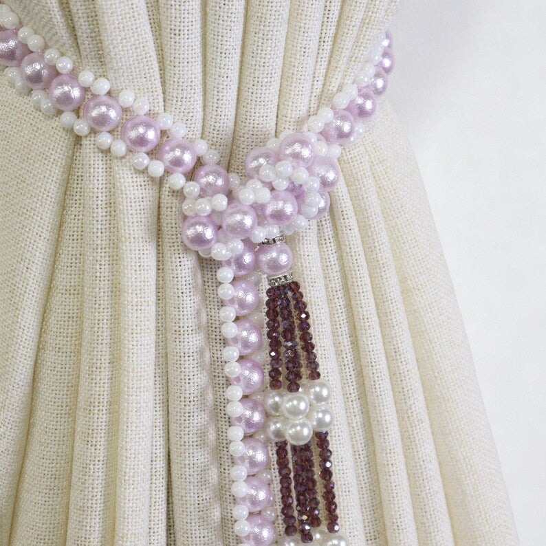 Beaded Curtain Tieback, Lavender White Faux Pearl Tassel Holdback, 48.8 in, Set of 1