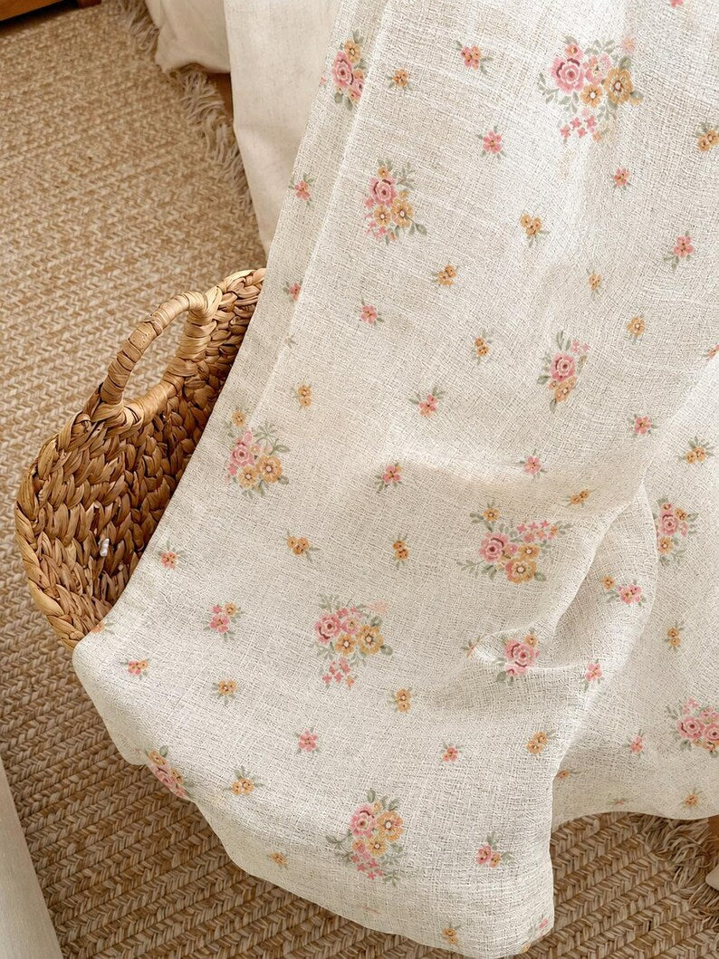 Floral Sheer Curtain Pink Yellow Vintage Botanical Print Light Filtering Window Panel for Cottage French Country Farmhouse Decor
