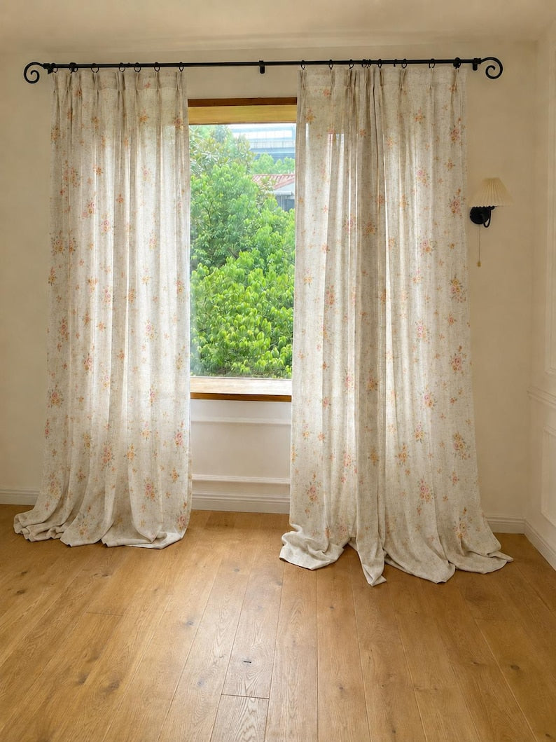 Floral Sheer Curtain Pink Yellow Vintage Botanical Print Light Filtering Window Panel for Cottage French Country Farmhouse Decor