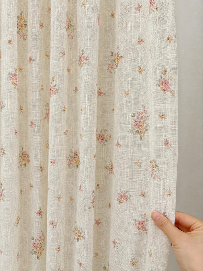 Floral Sheer Curtain Pink Yellow Vintage Botanical Print Light Filtering Window Panel for Cottage French Country Farmhouse Decor