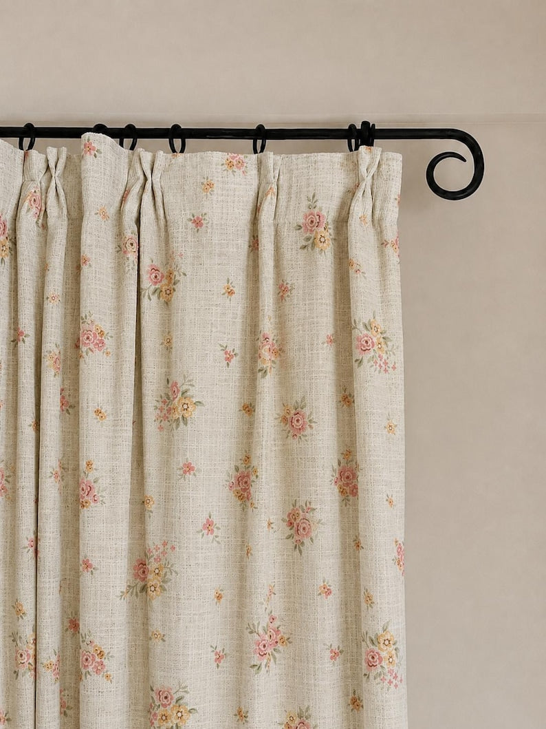 Floral Sheer Curtain Pink Yellow Vintage Botanical Print Light Filtering Window Panel for Cottage French Country Farmhouse Decor