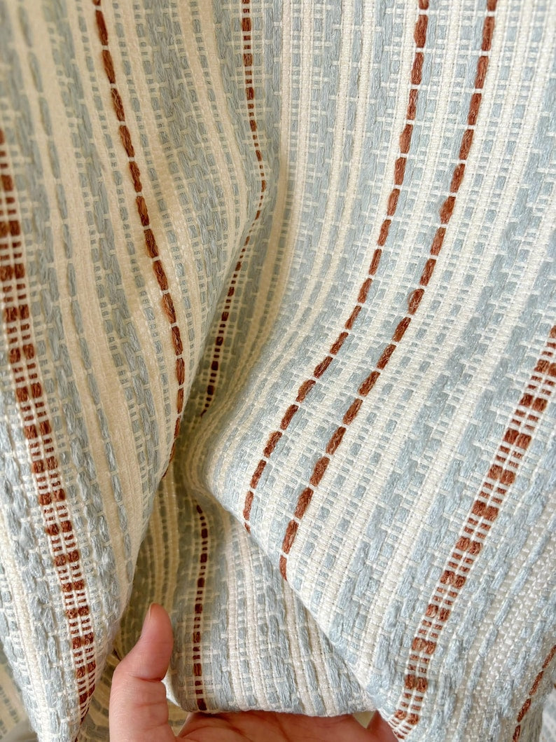Blue Rust Cream Striped Woven Curtain Panels, Textured Boho Japandi Farmhouse Drapes, 60% Light Blocking, Sold Individually