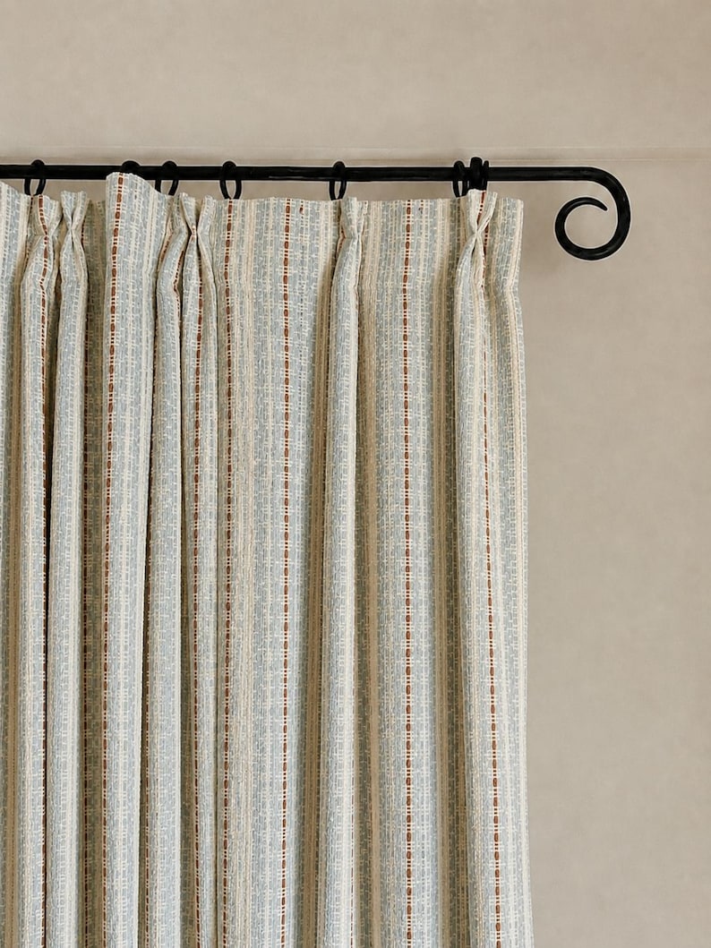 Blue Rust Cream Striped Woven Curtain Panels, Textured Boho Japandi Farmhouse Drapes, 60% Light Blocking, Sold Individually
