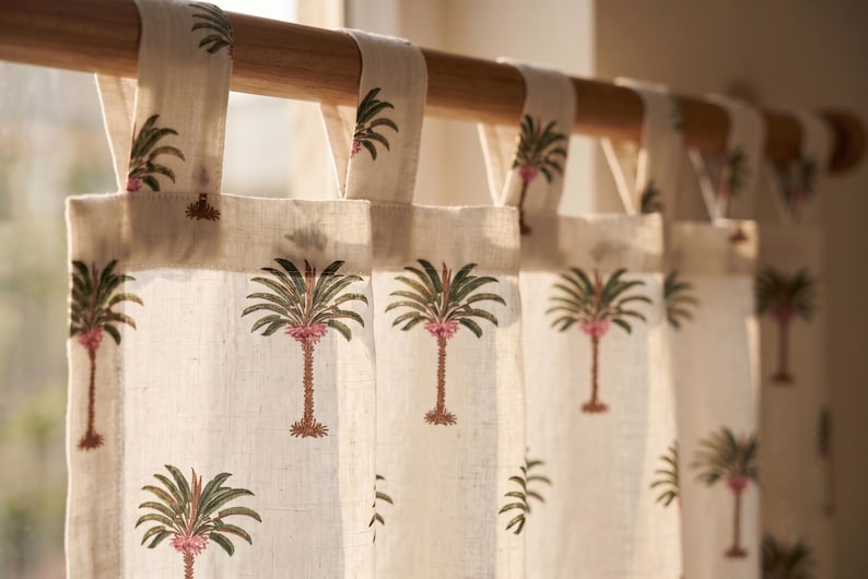 Palm Tree Block Print Cotton Curtain – Tie Top, Tab Top, Rod Pocket – Hand Block Printed Tropical Window Panel