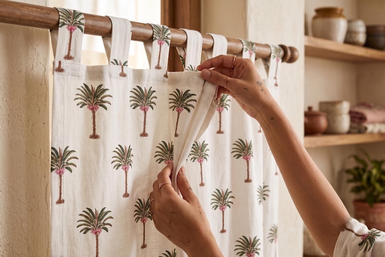 Palm Tree Block Print Cotton Curtain – Tie Top, Tab Top, Rod Pocket – Hand Block Printed Tropical Window Panel