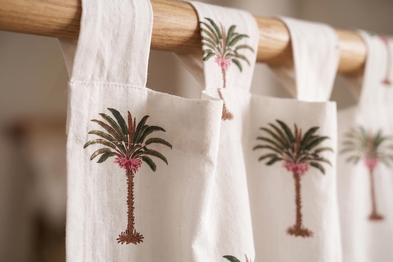 Palm Tree Block Print Cotton Curtain – Tie Top, Tab Top, Rod Pocket – Hand Block Printed Tropical Window Panel