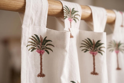 Palm Tree Block Print Cotton Curtain – Tie Top, Tab Top, Rod Pocket – Hand Block Printed Tropical Window Panel