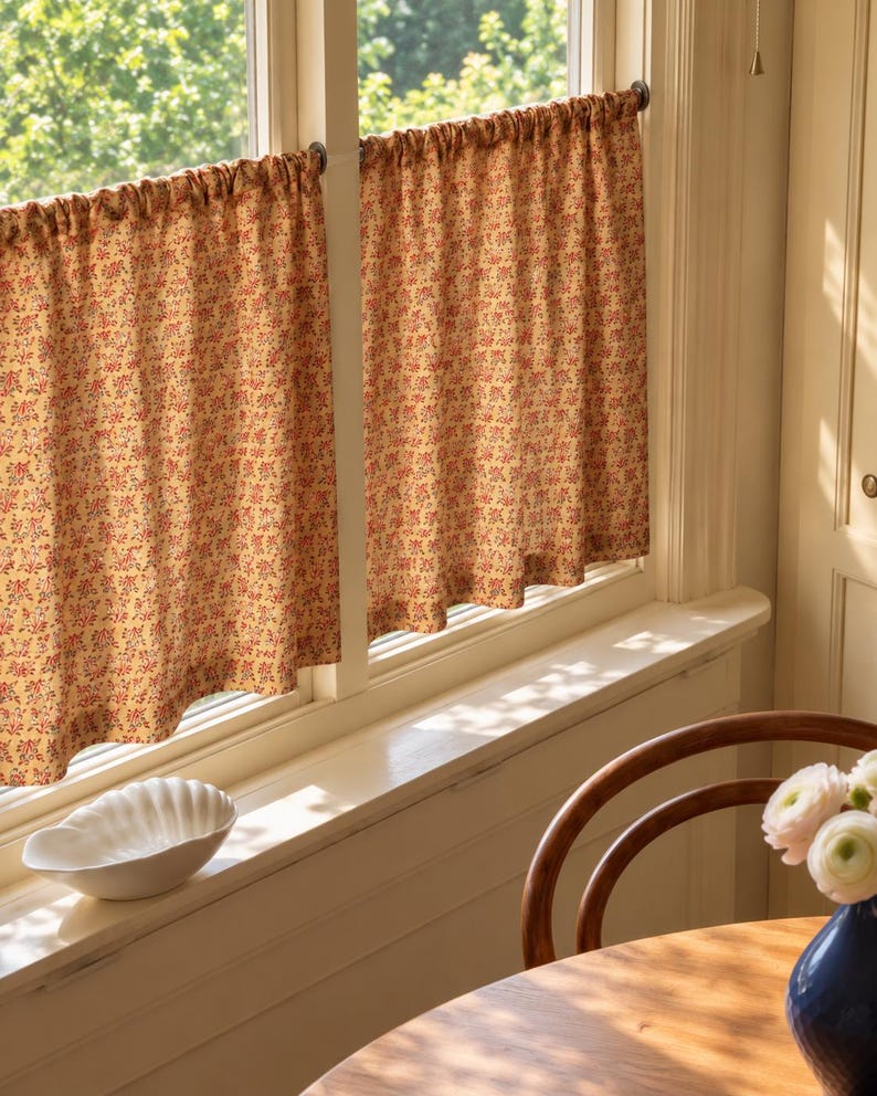 Green Floral Cotton Café Curtain, Cottagecore Kitchen Half Window Panel with Tie-Top Bows, Farmhouse Style