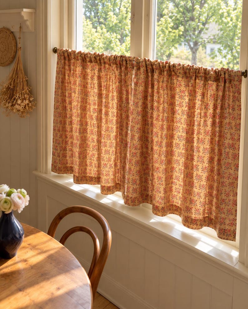 Green Floral Cotton Café Curtain, Cottagecore Kitchen Half Window Panel with Tie-Top Bows, Farmhouse Style