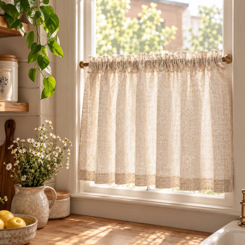 Linen Sheer Cafe Curtain, Short Light Filtering Kitchen Window Curtain, 55% Linen 45% Polyester, Custom Size, 17 Colors