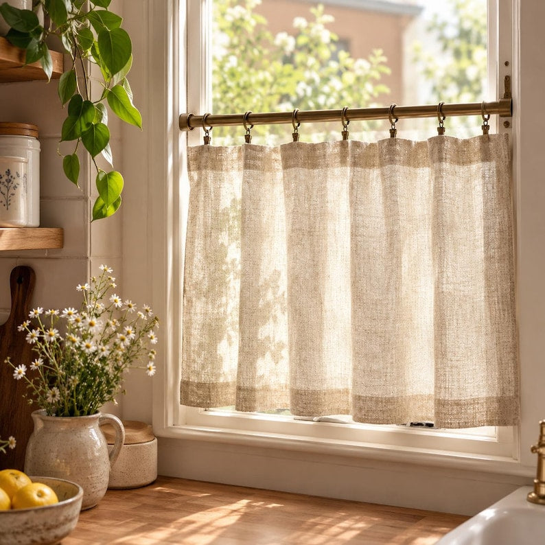 Linen Sheer Cafe Curtain, Short Light Filtering Kitchen Window Curtain, 55% Linen 45% Polyester, Custom Size, 17 Colors