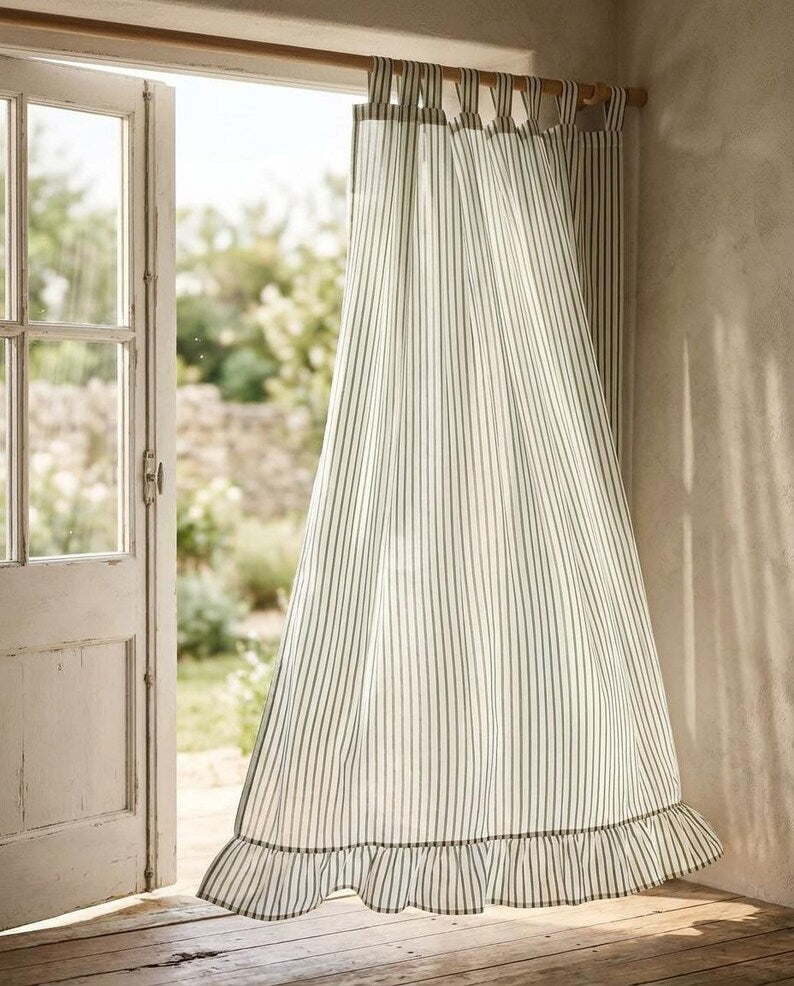 Green and Cream Striped Cotton Curtain with Ruffle, Hand Block Print, Tab Top or Rod Pocket, Farmhouse Window Panel