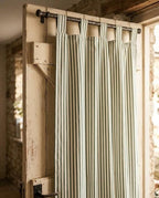 Green and Cream Striped Cotton Curtain with Ruffle, Hand Block Print, Tab Top or Rod Pocket, Farmhouse Window Panel