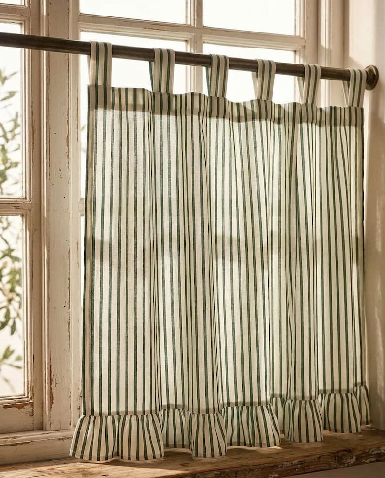 Green and Cream Striped Cotton Curtain with Ruffle, Hand Block Print, Tab Top or Rod Pocket, Farmhouse Window Panel