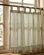Green and Cream Striped Cotton Curtain with Ruffle, Hand Block Print, Tab Top or Rod Pocket, Farmhouse Window Panel