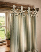 Green and Cream Striped Cotton Curtain with Ruffle, Hand Block Print, Tab Top or Rod Pocket, Farmhouse Window Panel