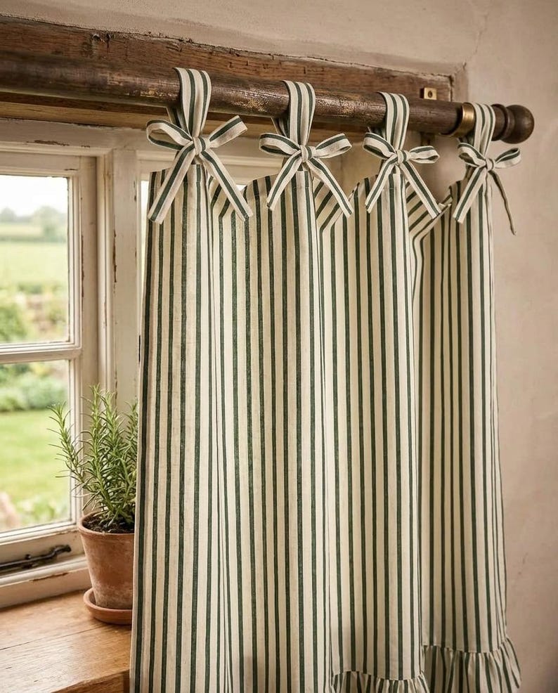 Green and Cream Striped Cotton Curtain with Ruffle, Hand Block Print, Tab Top or Rod Pocket, Farmhouse Window Panel