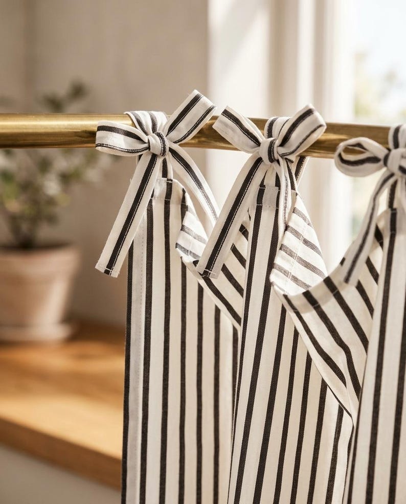 Brown Striped Cotton Curtain with Ruffled Hem and Tie Top, Hand Block Print, Ivory and Brown, Farmhouse Kitchen Window Curtain