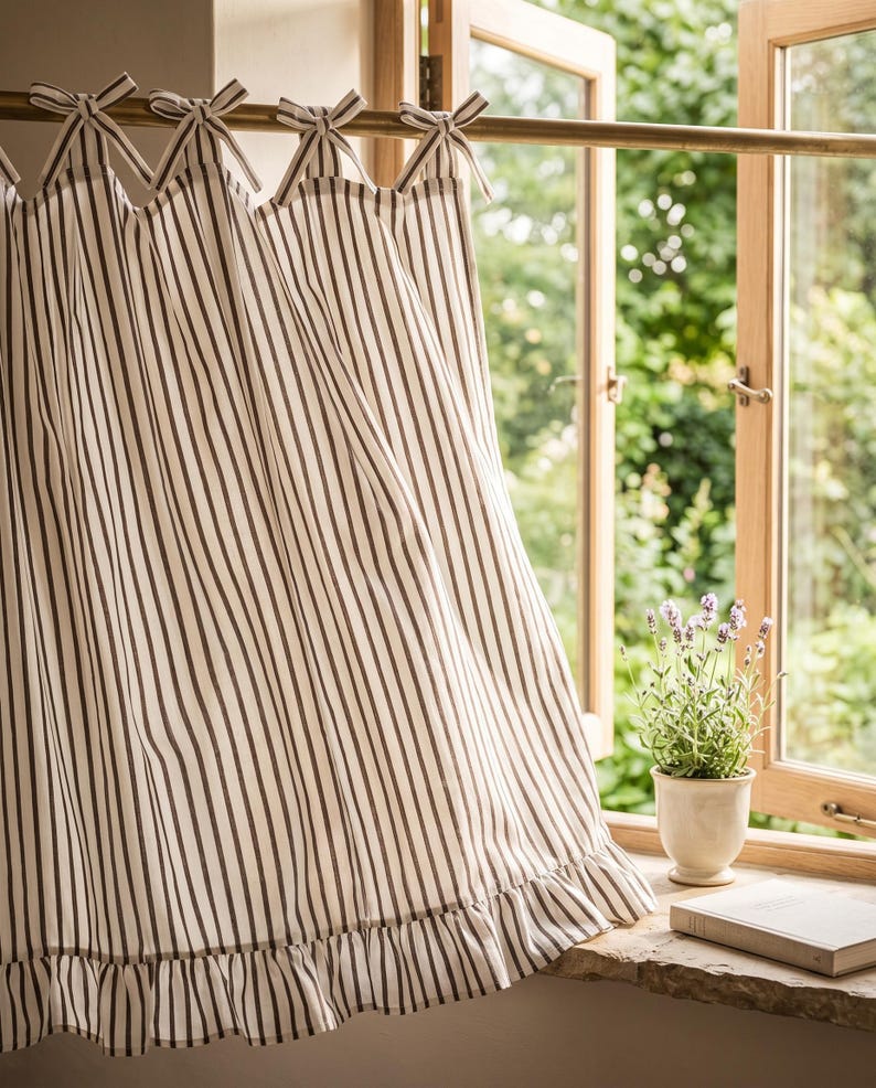 Brown Striped Cotton Curtain with Ruffled Hem and Tie Top, Hand Block Print, Ivory and Brown, Farmhouse Kitchen Window Curtain