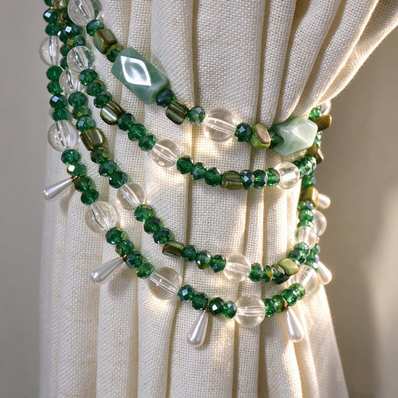 Green Beaded Curtain Tie Backs, Handmade Glass & Crystal Boho Curtain Holdback, Window Drape Tieback for Living Room, Bedroom