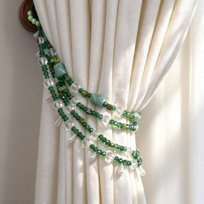 Green Beaded Curtain Tie Backs, Handmade Glass & Crystal Boho Curtain Holdback, Window Drape Tieback for Living Room, Bedroom