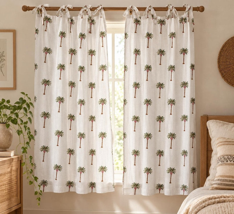 Palm Tree Block Print Cotton Curtain – Tie Top, Tab Top, Rod Pocket – Hand Block Printed Tropical Window Panel
