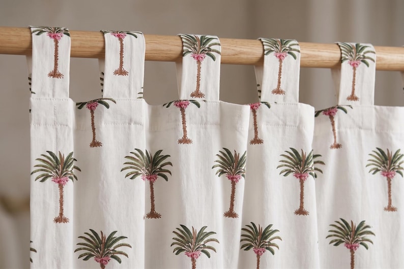 Palm Tree Block Print Cotton Curtain – Tie Top, Tab Top, Rod Pocket – Hand Block Printed Tropical Window Panel