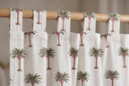 Palm Tree Block Print Cotton Curtain – Tie Top, Tab Top, Rod Pocket – Hand Block Printed Tropical Window Panel