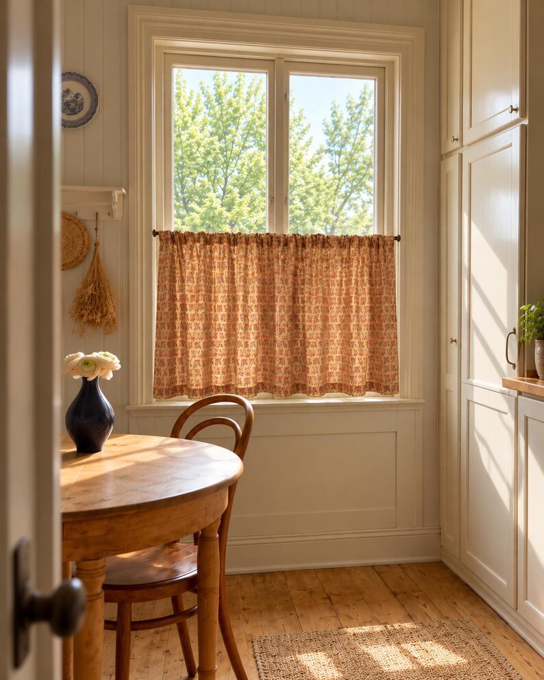 Green Floral Cotton Café Curtain, Cottagecore Kitchen Half Window Panel with Tie-Top Bows, Farmhouse Style