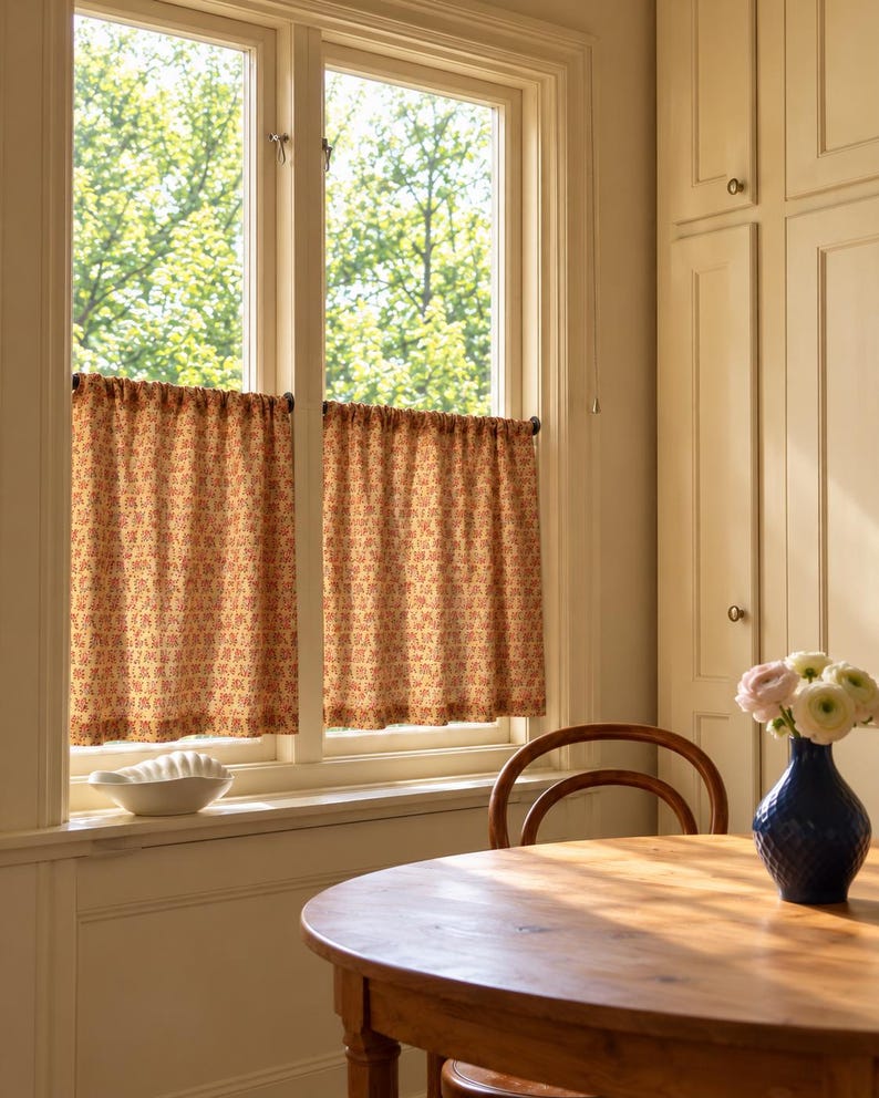 Green Floral Cotton Café Curtain, Cottagecore Kitchen Half Window Panel with Tie-Top Bows, Farmhouse Style
