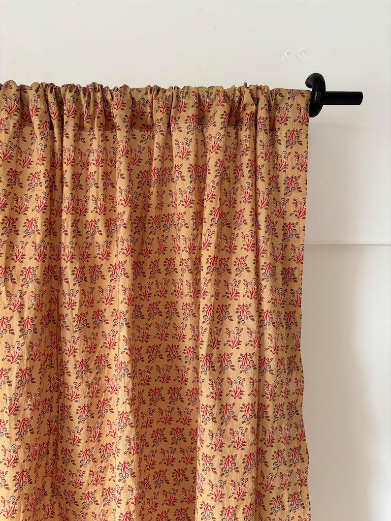 Green Floral Cotton Café Curtain, Cottagecore Kitchen Half Window Panel with Tie-Top Bows, Farmhouse Style