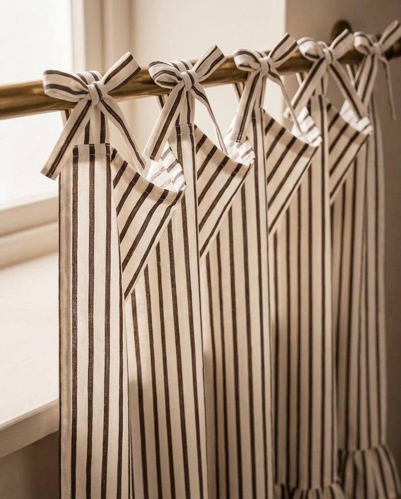 Brown Striped Cotton Curtain with Ruffled Hem and Tie Top, Hand Block Print, Ivory and Brown, Farmhouse Kitchen Window Curtain