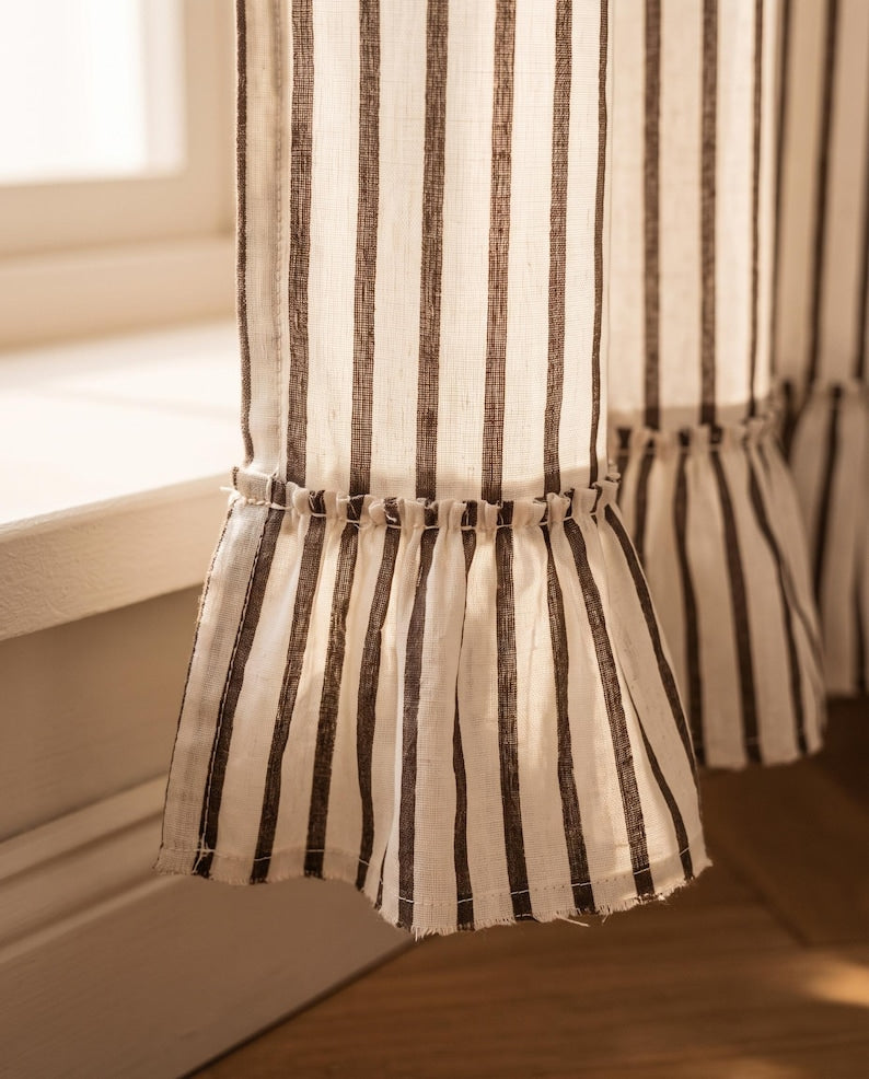 Brown Striped Cotton Curtain with Ruffled Hem and Tie Top, Hand Block Print, Ivory and Brown, Farmhouse Kitchen Window Curtain