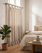 Brown Striped Cotton Curtain with Ruffled Hem and Tie Top, Hand Block Print, Ivory and Brown, Farmhouse Kitchen Window Curtain
