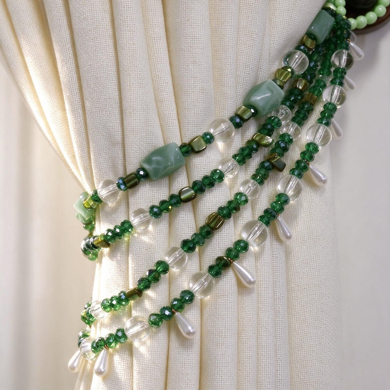 Green Beaded Curtain Tie Backs, Handmade Glass & Crystal Boho Curtain Holdback, Window Drape Tieback for Living Room, Bedroom