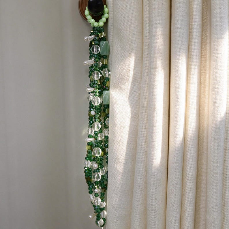 Green Beaded Curtain Tie Backs, Handmade Glass & Crystal Boho Curtain Holdback, Window Drape Tieback for Living Room, Bedroom